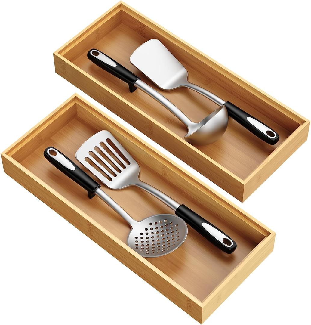 Bamboo Drawer Organizer, Stackable Utensil Trays for Kitchen, Wood Silverware Organizer for Drawer, Set of 2-15"x6"x2"
