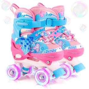 Mermaid Roller Skates for Girls Kids, Mosoulais 4 Size Adjustable Light up Wheels Skates for Toddlers, Beginner Women Rollerskates Indoor Outdoor for Xmas Birthday Gifts, Patines para Nias Nios (X-Small-Toddler(7C-10C), Pink)