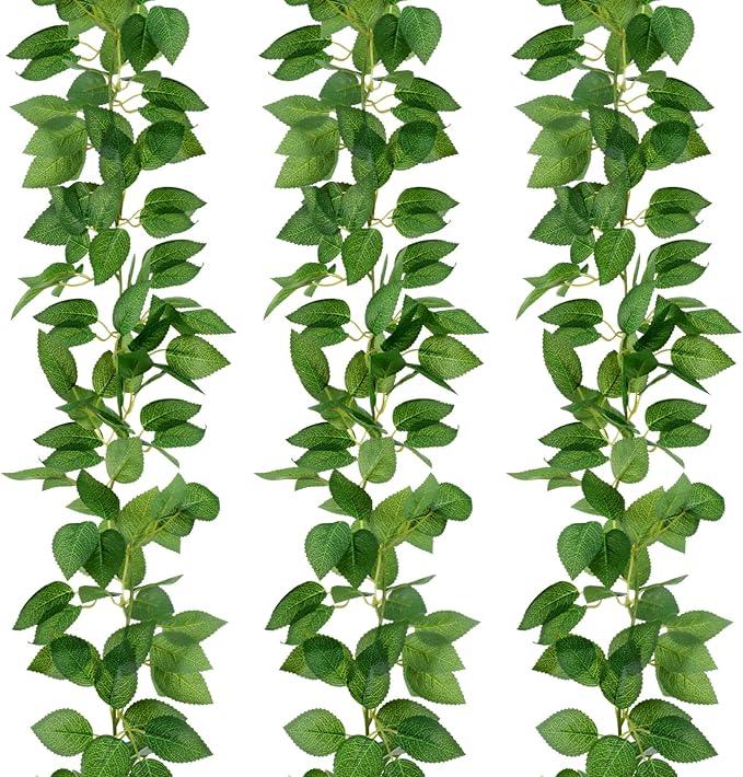 Giegxin 3 Pcs 6ft Green Artificial Silk Rose Leaf Table Garland, Hanging Greenery Vine Fake Greenery Hanging Plants Leaf Garland Decoration for Home Bedroom Wall Party Wedding Decor