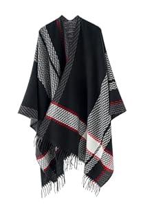 Women’s Shawl Wrap, Open Front Poncho, Cape Cardigan, Oversized Sweaters for Fall and Winter, Black White Red, One Size