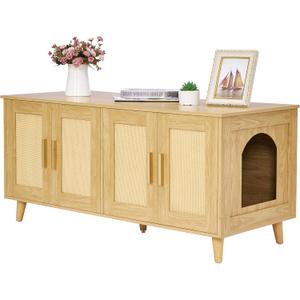 Homhedy Boho Cat Litter Box Enclosure for 2 Cats, NaturalHidden Litter Box Furniture with Double Rattan Decorated Doors, Cat Washroom, Cat House, Dog-Proof, TV Stand