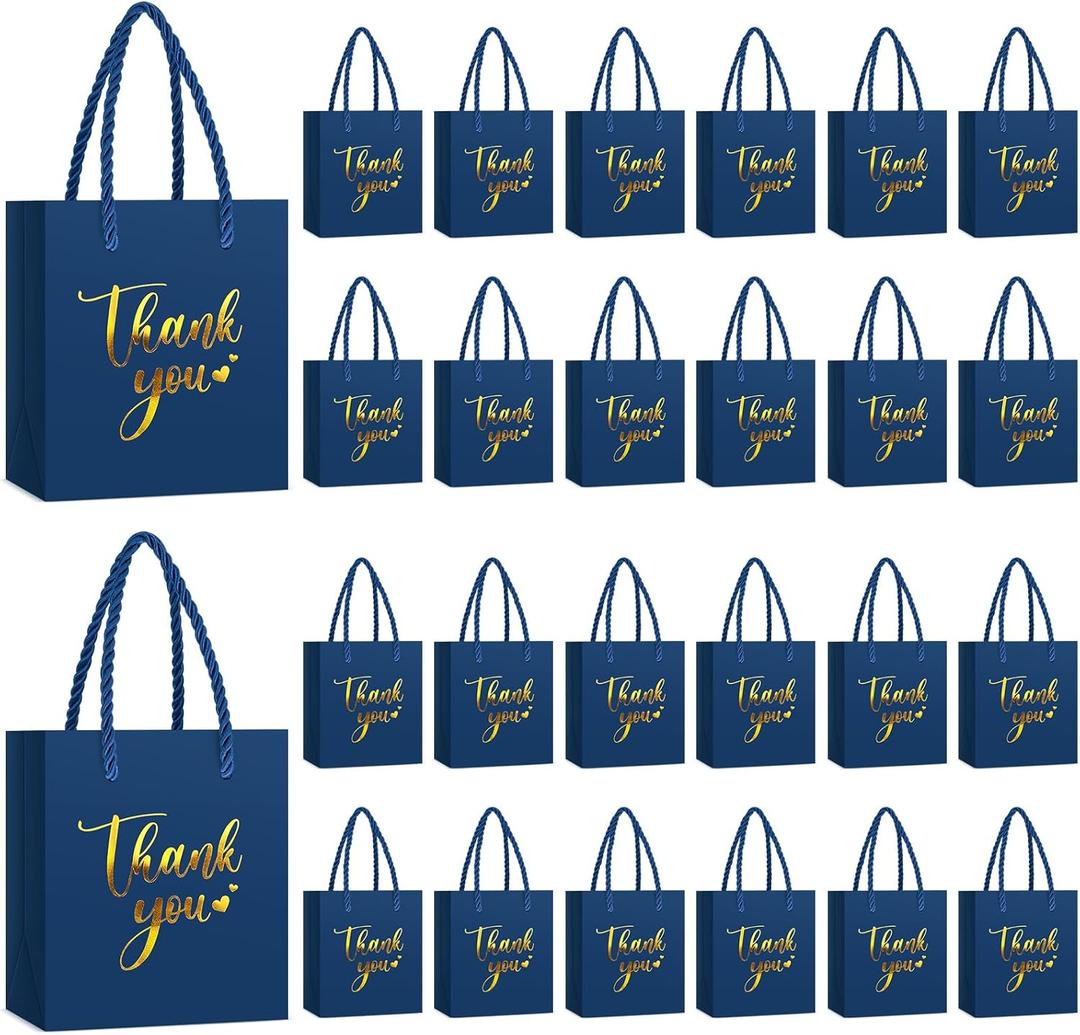 Honoson 30 Pcs Mini Gift Bag with Handle 4 x 2.75 x 4.5'' Small Thank You Bag Foil Paper Tote for Valentine's Day Wedding Baby Shower Birthday Graduation Party Favor Supplies(Blue/Gold)