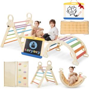 Pikler Triangle Set for Kids, 8 in 1 Colorful Montessori Large Climbing Toys for Toddlers 1-6 Inside with Arch, Ramp and Foldable Triangle, Cushion Pad and Chalkboard (Natural Wood Colorful With Blackboard)