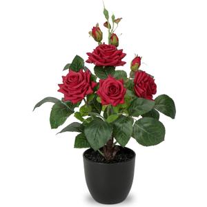 Hollyone Artificial Plants & Flowers in Vase Red Roses Artificial Flowers Potted Plant Faux Silk Flower with Black Pot Fake Rose Flower Arrangement Home Decor Bathroom Shelf Desk Decoration 15 Inch