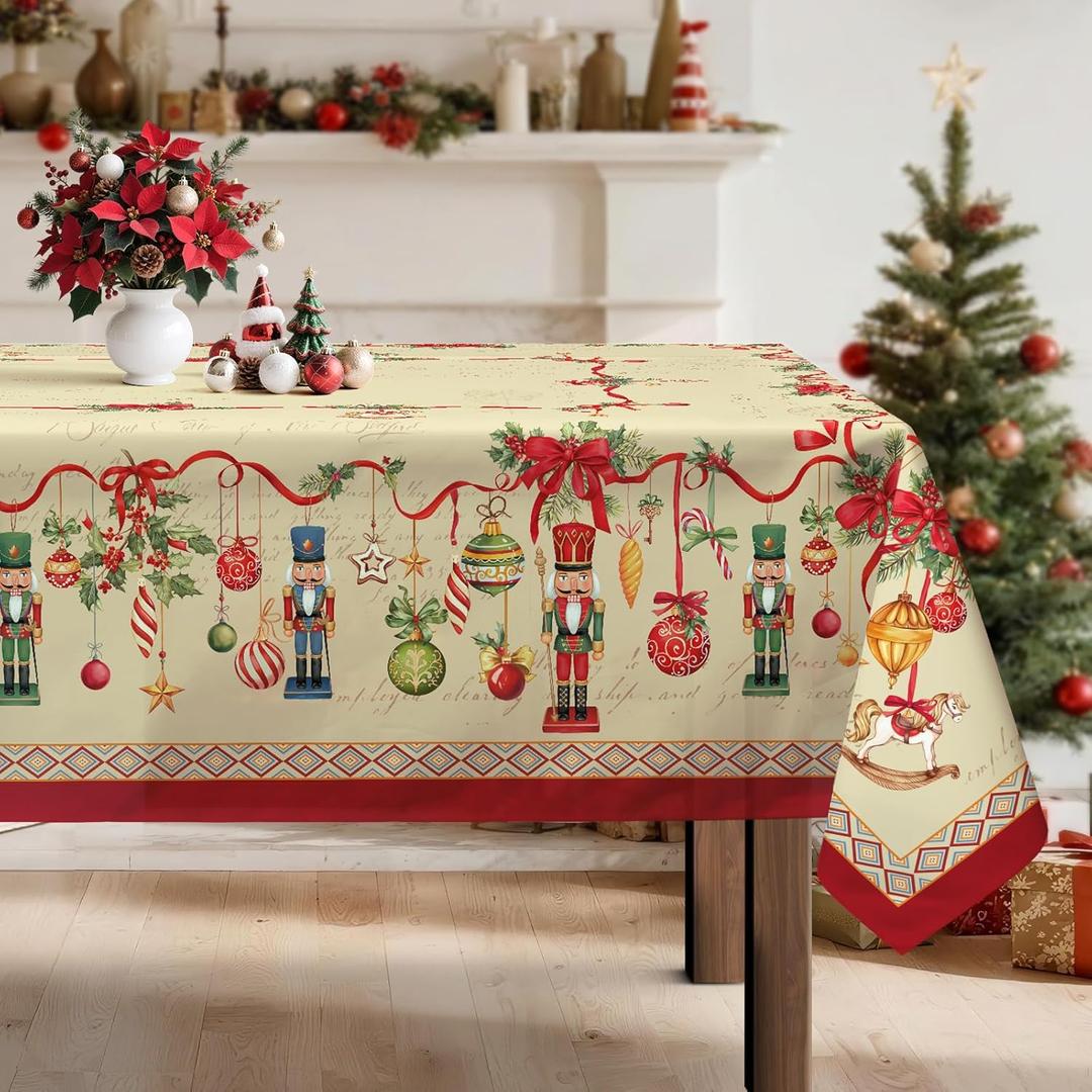 Christmas Nutcracker Tablecloth Waterproof, Rustic Farmhouse Table Cloth Rectangle, Washable Table Cover for Christmas Party Home Kitchen Decoration (6084 Inch)