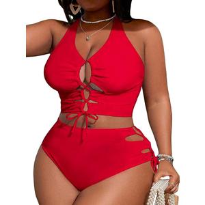 SOLY HUX Women's Plus Size Bikini Set Sexy Swimsuit Lace Up Tummy Control 2 Piece Bathing Suit, 2XL