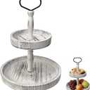 2-Tiered Round Wooden Tray Stand, Rustic Farmhouse Tiered Serving Tray for Home Decor Kitchen & Coffee Bar Centerpiece, Vintage White Wood 2-Tier Display Stand for Desserts, Cupcakes and More (White)