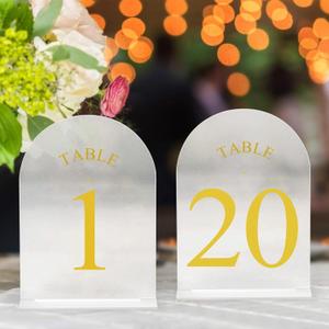 JOYIT Frosted Arch Wedding Table Numbers 1-20 with Stands  5" X 7" Acrylic Gold Table Number Holders, Perfect for Wedding Receptions, Parties, Anniversaries, and Events