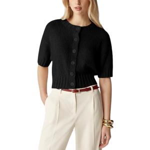 Womens Fall Lightweight Knit Short Sleeve Button Down Sweater Cropped Pullover Ribbled Cardigan 2025 (Black, L)
