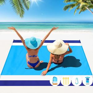 Beach Blanket Oversized Extra Large 78" X 81",Waterproof Sandproof Beach Blanket 1-7 Adults Lightweight Durable for Travel Camping Hiking Picnic (Blue White)
