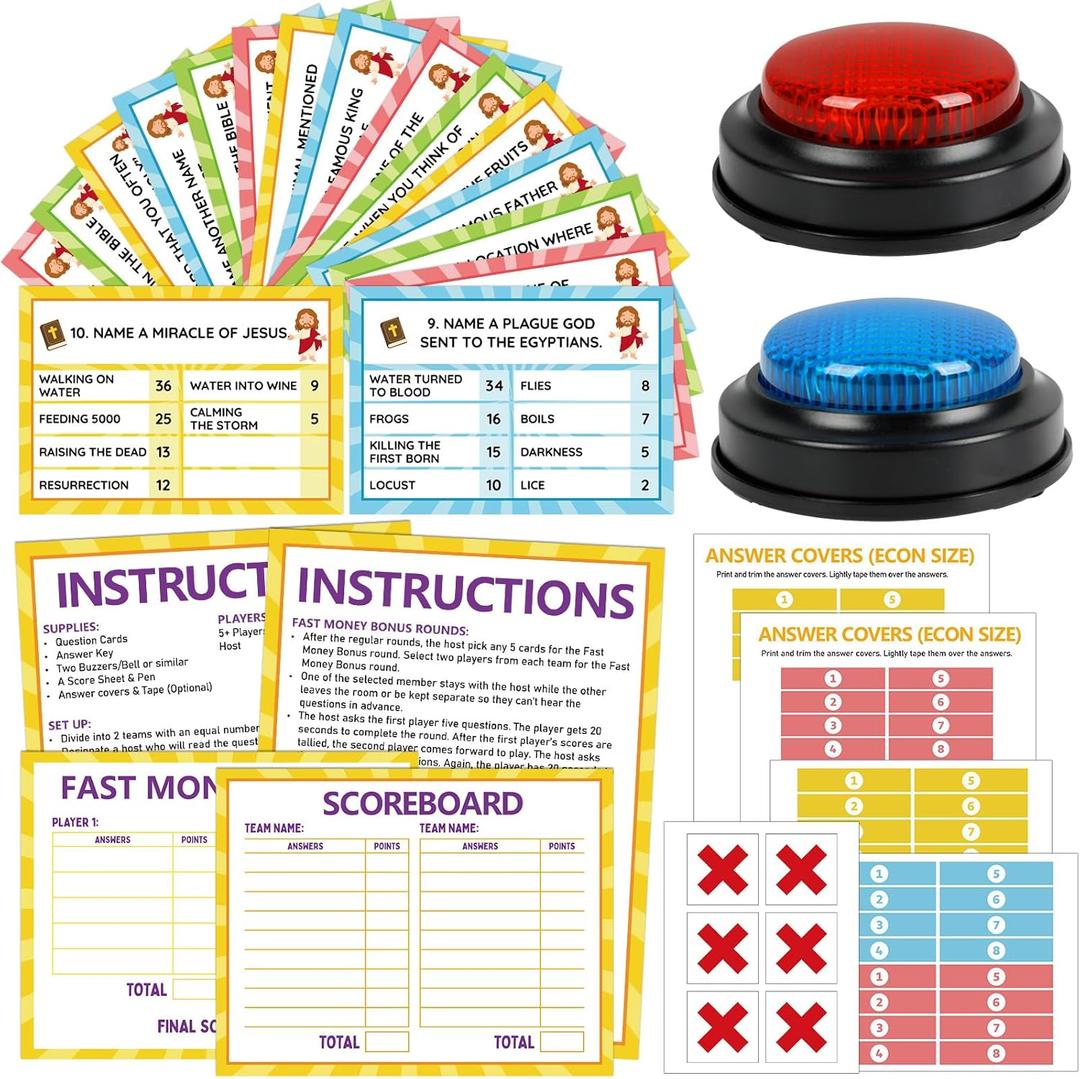 Christian Bible Friendly Feud Game Religious Card Board Game Night Church Group Bible Trivia Games Cards with Two Buzzers for Church Group Activity Xmas Holiday Party Office Class Team Building