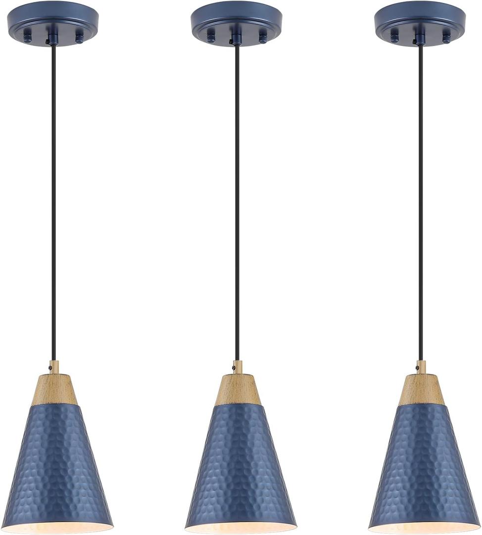 Dijiahua Blue Kitchen Pendant Lighting Over Island 3 Pack,Small Modern Farmhouse Chandeliers Navy Hammered Metal Shade,Mini Vintage Adjustable Cord Hanging Ceiling Lamp Fixtures Over Sink