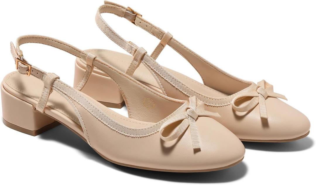 Coutgo Womens Chunky Low Heels Slingback Ballet Bow Pumps Closed Toe Wedding Dress Shoes (8, Light Khaki)