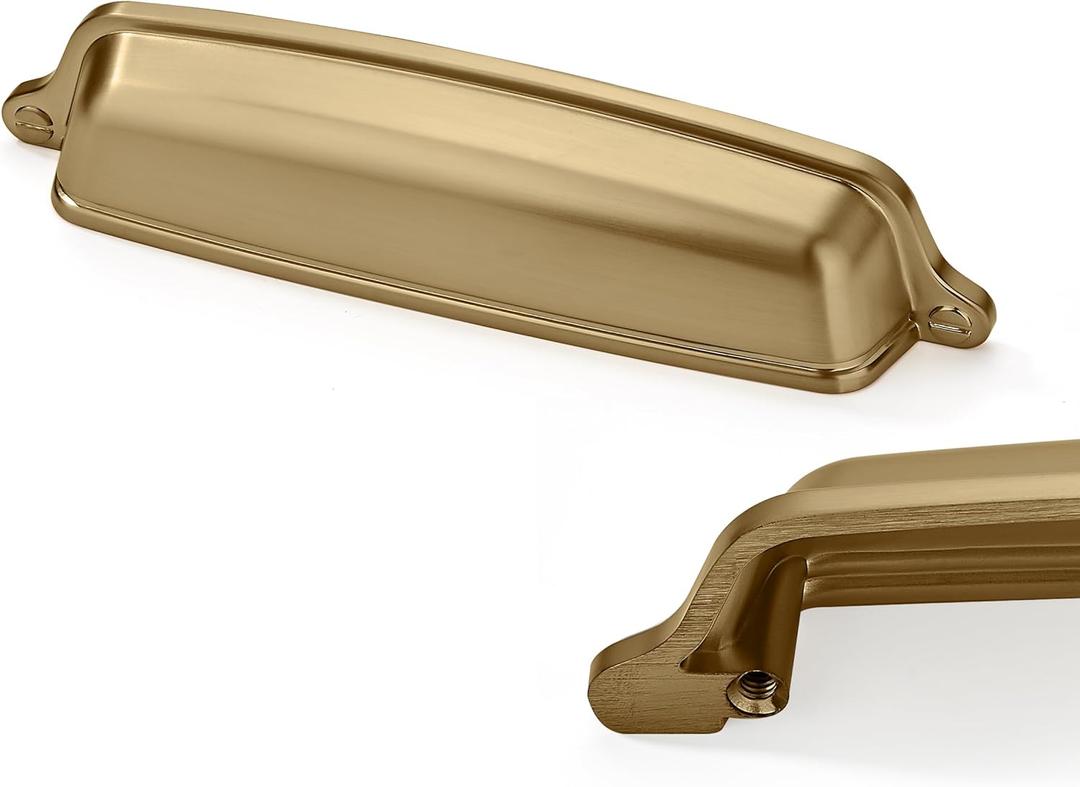 5 Pack 5 inch (128mm) Brushed Satin Brass Cabinet Cup Pulls Brushed Gold Drawer Pulls Kitchen Hardware Cabinet Handles Drawer Handles Knobs Cup Pull.