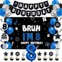 Vlipoeasn 8th Birthday Decorations Set for Boys Girls, 35PCS Black Blue 8 Year Old Birthday Backdrop Banner, Bruh I'm 8 Party Supplies
