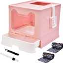Panghuhu88 Foldable Cat Litter Box Enclosed Cat Litter Box with Lid, Top Entry Cat Toilet, Easy Clean Cat Potty Include Cat Litter Scoop&2 Garbage Bag, Brush, Self Cleaning Cat Litter Box Large (Pink)