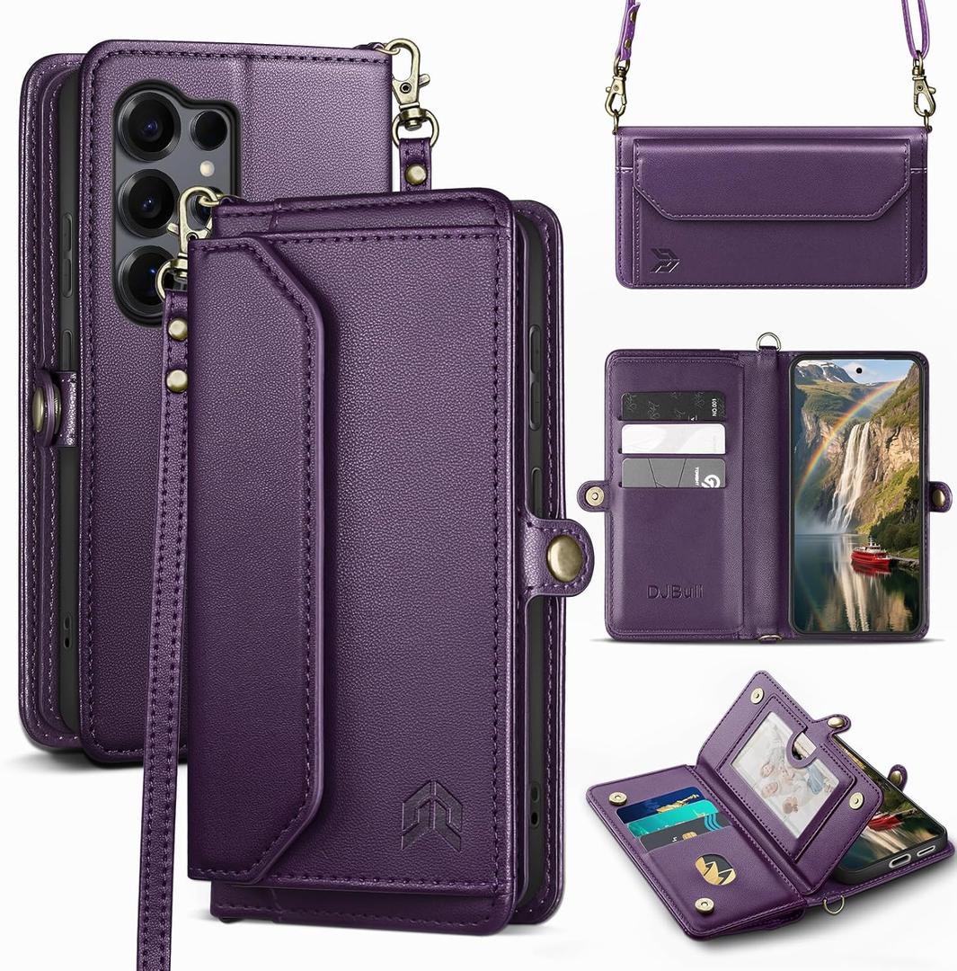 DJBull for Samsung Galaxy S25 Ultra Wallet Case with Card Holder, Shoulder and Wristlet Straps, Soft PU Leather, Magnetic Snap, Flip Phone Case for Women Men for Samsung S25 Ultra Purple
