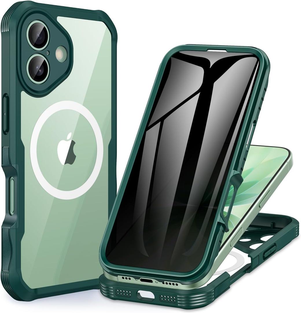 CENHUFO Magnetic Privacy for iPhone 17 Case [Compatible with Magsafe] Full Body Phone Case Built-in 9H Tempered Glass Privacy Screen Protector Camera Protection Shockproof Bumper Clear Cover -Green