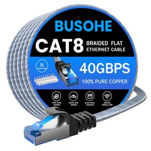 BUSOHE Cat 8 Ethernet Cable 50 ft, Nylon Braided High Speed Heavy Duty Network LAN Patch Cord, 40Gbps 2000Mhz SFTP Shielded RJ45 Flat Internet Cable for TV/PC/Router, in Wall, Indoor, Outdoor