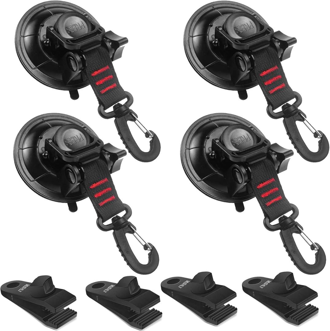 Vashly Heavy Duty Suction Cup Anchor 4pcs Strong Suction Cups with Hooks and 4pcs Tarp Clips Deavy Duty Lock Grip for Tie Down Car Awning Boat Camping Trap