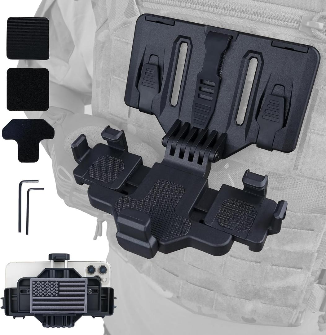 Tactical Gear Plate Carrier Vest Accessories, MOLLE Phone Chest Mount Holder for 6.0"-7.7" Screens, Quick-Release and Adjustable Tactical Phone Holder for Police Vest (BK)