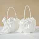 2 Pcs Wedding Flower Girl Baskets with Cute Pearl Handle Bowknot Satin Flower Baskets for Wedding Ceremony, Ivory
