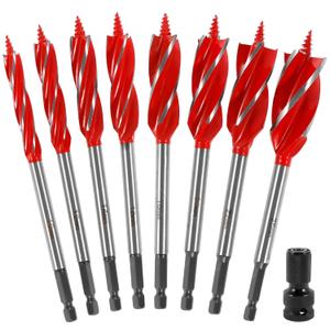 8Pcs Wood Auger Drill Bit Set, High Carbon Steel, 10/12/14/16/18/20/22/25mm, 1/4in Hex Shank, 4-Flute Spiral, Split Point, Suitable for Woodworking & Plastic