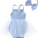 CBHAIBLYD Infant Baby Girl Summer Romper Dress Sleeveless Strap Mesh Tutu Skirt Backless Bodysuit with Headband(Blue, 6-9M)