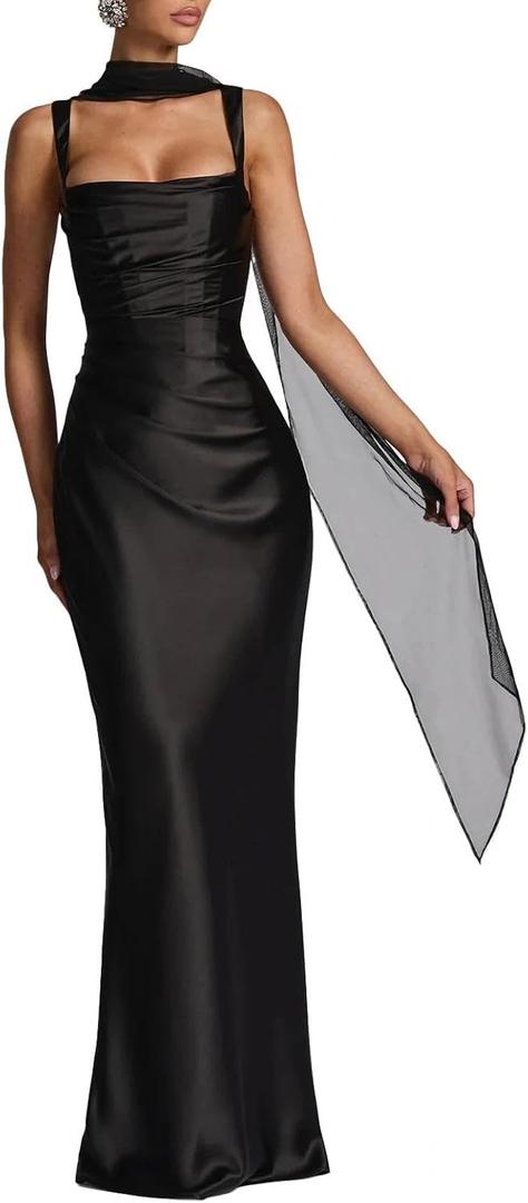 ABYOVRT Women Wedding Guest Dress Satin Corset Top Elegant Maxi Dresses with Sheer Scarf Evening Gown (Medium, Black)