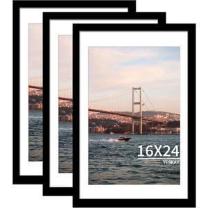 16x24 Picture Frame Black Set of 3, Display Pictures 12x18 with Mat or 16 x 24 Without Mat, Poster Frames 16x24 Poster Frames for Wall Hanging Horizontal and Vertical
