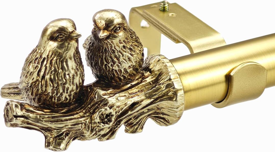 1 Inch Single Curtain Rods 36 to 72 Inches Adjustable Drapery Rods for Window width 24 to 68 Inches, Twin Birds on Twig Finials, Brushed Gold