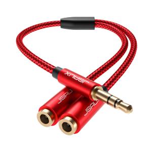 JSAUX Headphone Splitter 3.5mm, Audio Splitter 2 Female to 1 Male, Dual Headphone Adapter Compatible with PS4, PS5, Xbox, Nintendo Switch, PC Gaming Headsets, Phone, Tablet, Laptop and More-Red (0.9ft)
