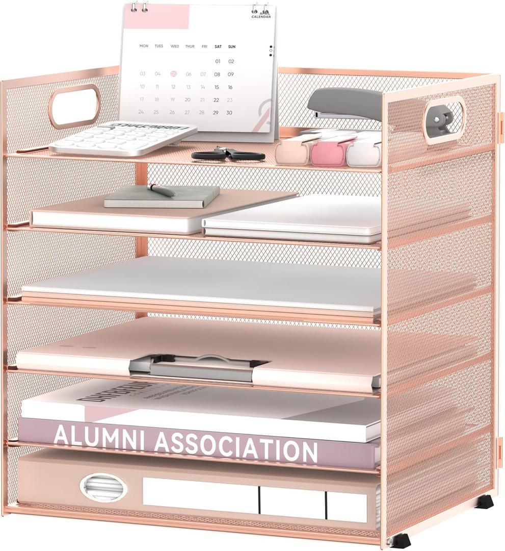 Daltack 6 Tier Paper Organizer for Desk, Paper Letter Tray Organizer for Desks, Mesh Desk File Organizers with Handle for Office, Home, School, Rose Gold