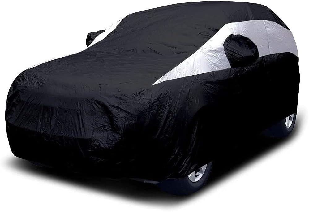Titan Jet Black Poly 210T Car Cover for Mid-Size SUV 188-206". Waterproof, UV Protection, Scratch Resistant, Driver-Side Zippered Opening. Fits Explorer, Grand Cherokee and More. (Mid-Size SUV (188-206" long), Jet Black with Silver Stripe)