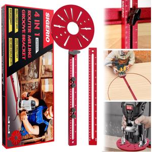 New 4 in 1 Router Milling Groove Bracket, Aluminum Alloy Router Circle Cutting Jig, Multifunctional RouterGuide Cutting Large Circles from 10" to 58", Adjustable Woodworking Tool (Rose Red)