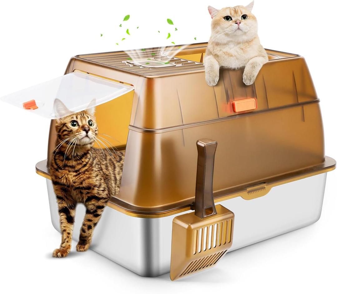 Stainless Steel Cat Litter Box with Lid, XXL Extra Large Enclosed Litter Box for Big Cats High Sided Metal with Removable Lid & Scoop, Front &Top Entry Odor Free, Anti-Leakage, Easy Cleaning (Brown: Fully Enclosed)