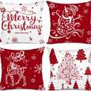Artmag Red Christmas Throw Pillow Covers 18x18 Set of 4 Decorative Holiday Farmhouse Pillow Covers with Trees, Deer, Snowman, Merry Christmas Design