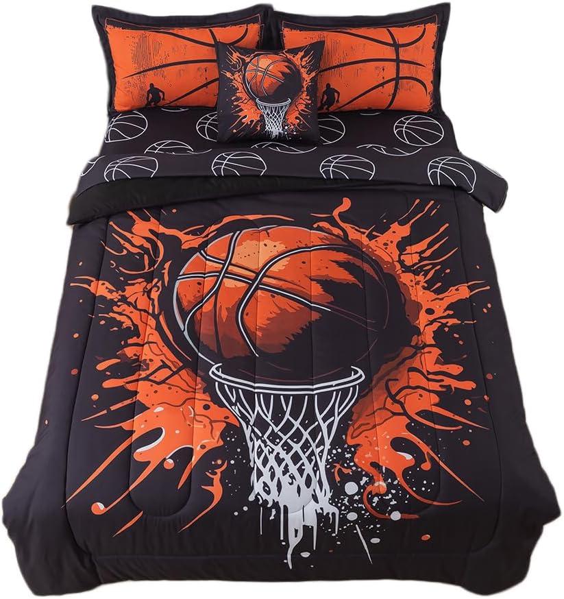 qjmiaofang 6 Pieces Basketball Comforter Set Twin Black Basketball Bedding for Boys Kids Teens Sport Bed in A Bag with Balls Sheets All Season Sports Themed Bed Set for Home Decor, 1*comforter,2*pillowcases,1*fitted sheet,1*flat sheet,1*cushion cover