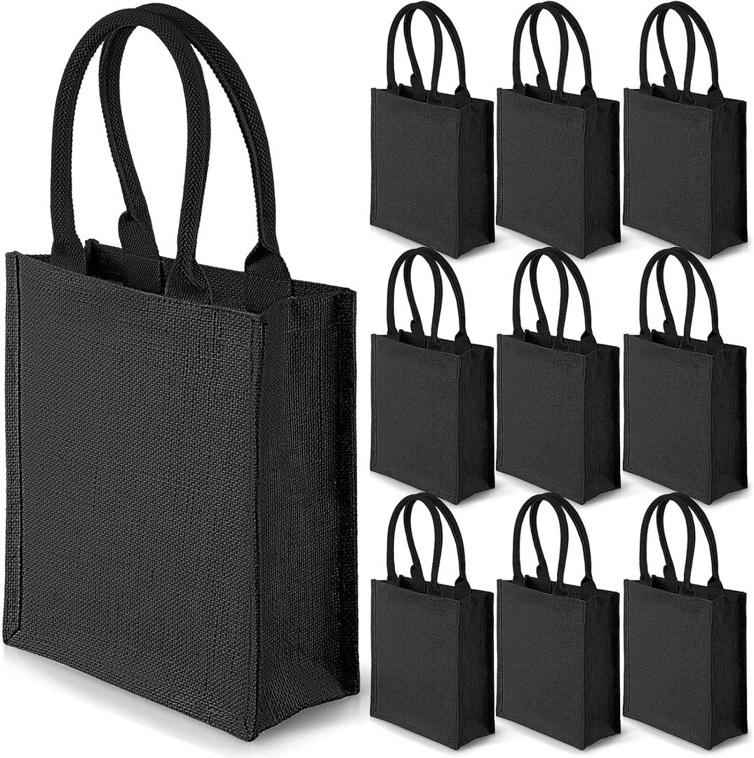 Saintrygo 10 Pcs Burlap Tote Bags Burlap Gift Tote with Handles Reusable Beach Bridesmaid Welcome Bags for DIY Wedding Shopping Pool Party Favor, 11.1''x 9.5''x 4.2''(Black)