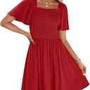 ZESICA Women's 2025 Summer Casual Mini Dress Flutter Short Sleeve Square Neck Smocked Tiered Ruffle Flowy Dresses,Red Medium