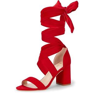 GENSHUO Women's Chunky High Heels Lace Up Strappy Block Sandals Open Toe Sexy Dress Heel Comfortable Prom Wedding Homecoming Party Graduation Shoes Red Size 8