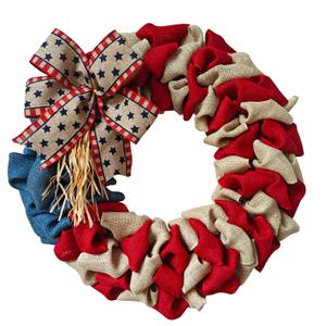 20 Inch 4th of July Wreath Patriotic Burlap Wreaths for Front Door Red Beige Blue Memorial Day American Flag Wreath with Bowknot 4th of July Decorations Outdoor