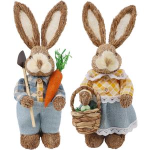 DR.DUDU Set of 2 Easter Decorations 13" Bunny Figurines Tabletop Spring Decor, Rustic Straw Bunny Couple with Carrot, Sisal Rabbit Statues Ornaments for Table Home Office Kitchen Farmhouse