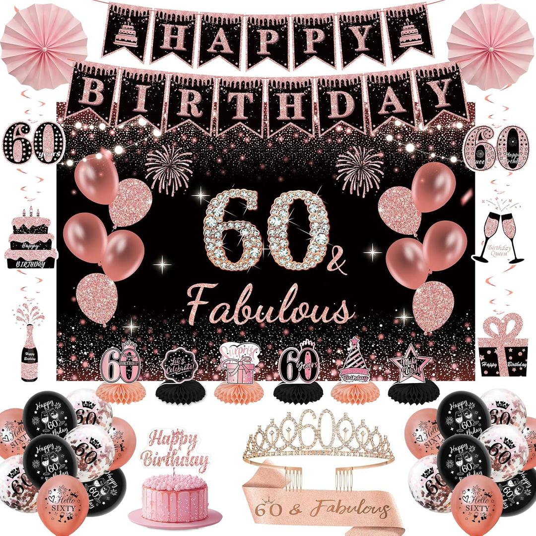 60th Birthday Decorations for Women - Rose Gold 37Pcs Happy 60th Bday Party Kit with Banner, Backdrop, Tiara, Sash, Cake Topper, Latex Balloons, Hanging Swirls, Centerpieces