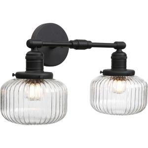 2-Lights Industrial Glass Wall Sconces, Antique Brass Clear Striped Globe Shade Wall Light Fixture for Bathroom Vanity, Bedroom, Dining Room, Living Room, Farmhouse, Stairs (Black)