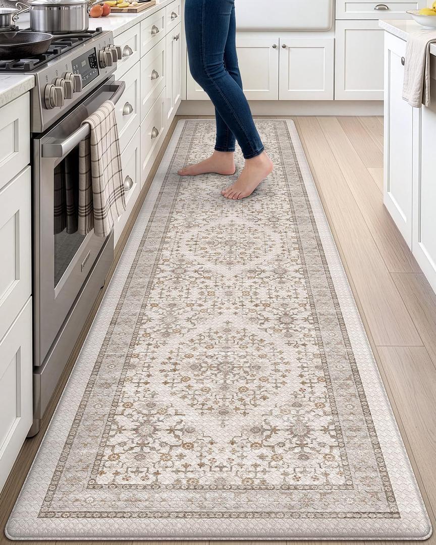 DEXI Kitchen Floor Mats Cushioned Anti Fatigue Runner Rug, 23x107 Long | Beige/White Soft Comfort Memory Foam, Easy Care, Waterproof, Standing Padded for Front Sink Laundry Office Farmhouse