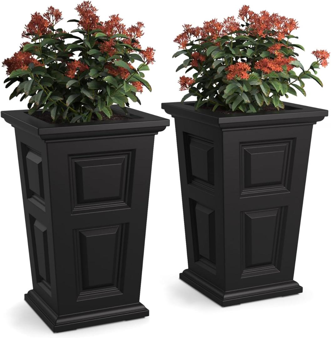 Mayne Wyndham 24-Inch Tall Planter, 2-Pack  Self-Watering, Weather-Resistant Planter for Flowers  Durable Indoor/Outdoor Design for Patio, Porch, or Entryway (Black)