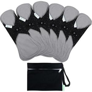 wegreeco 6 Pcs Reusable Menstrual Pads, Ultra Absorbent Cloth Pads for Heavy Flow, Sanitary for Teens, Women, Nonslip, Grey Inner, Black Outer, Medium