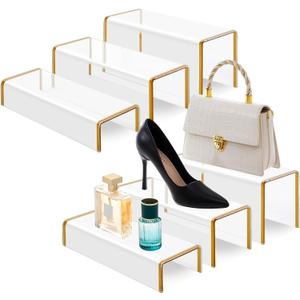 RattanView 6 Pack Clear Acrylic Purses Display Stands, 11" L 5mm Thick Luxury Purse, Handbag, Jewelry & Perfume Risers, Gold Luxury Shoe Display Riser for Closet, Boutique, Vendor Events (3 Tier)