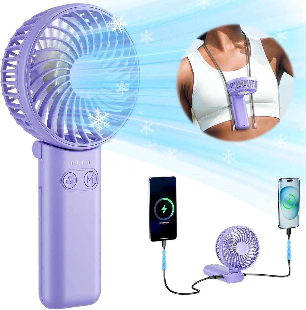 HandFan Upgraded 5200mAh Portable Handheld Fan with Lanyard, 5 Speeds Strong Airflow Hand Fan [27 Working Hours], 180 Foldable Compact Design Personal Fan for Travel/Disney/Concerts/Women(Purple)